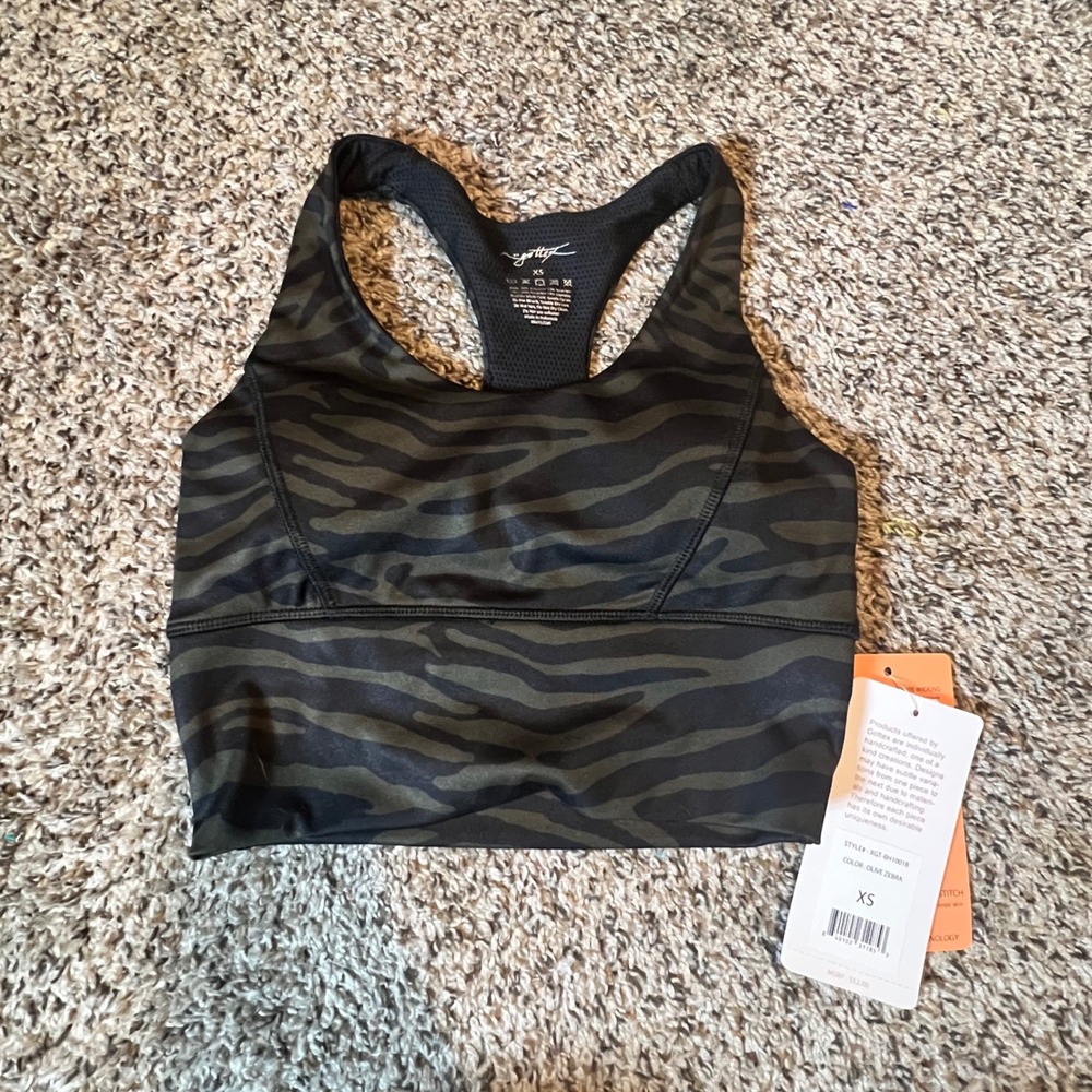 Gottex Studio Olive Zebra Print Longline Racerback Sports Bra XS XGT-BH1001B NEW